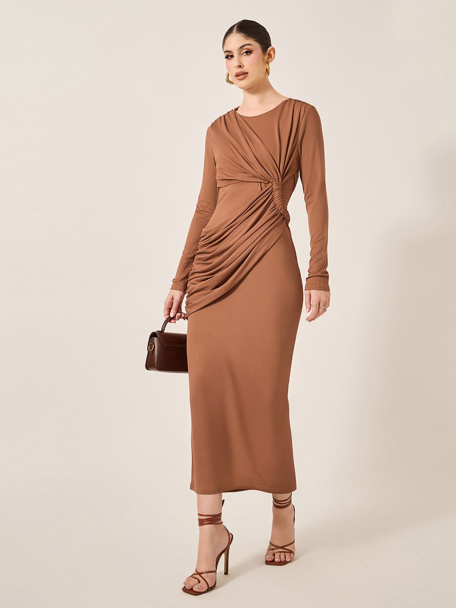 Plain Gathered Detail Sheath Maxi Dress