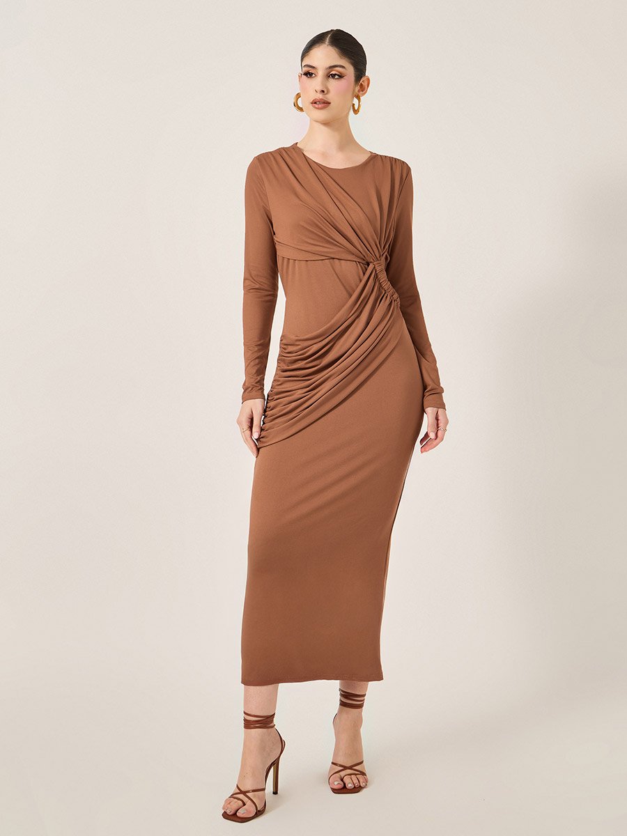 Plain Gathered Detail Sheath Maxi Dress