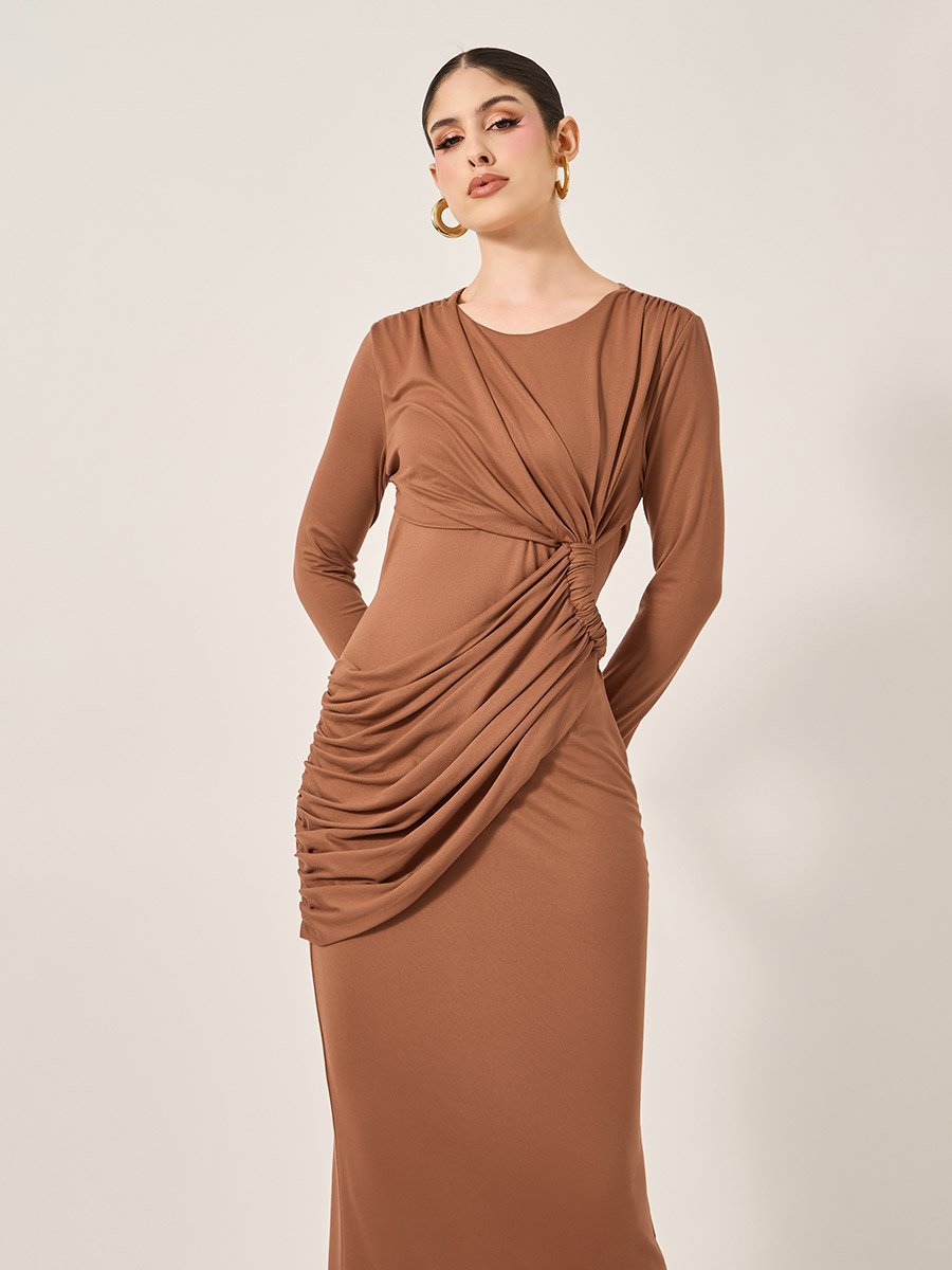 Plain Gathered Detail Sheath Maxi Dress