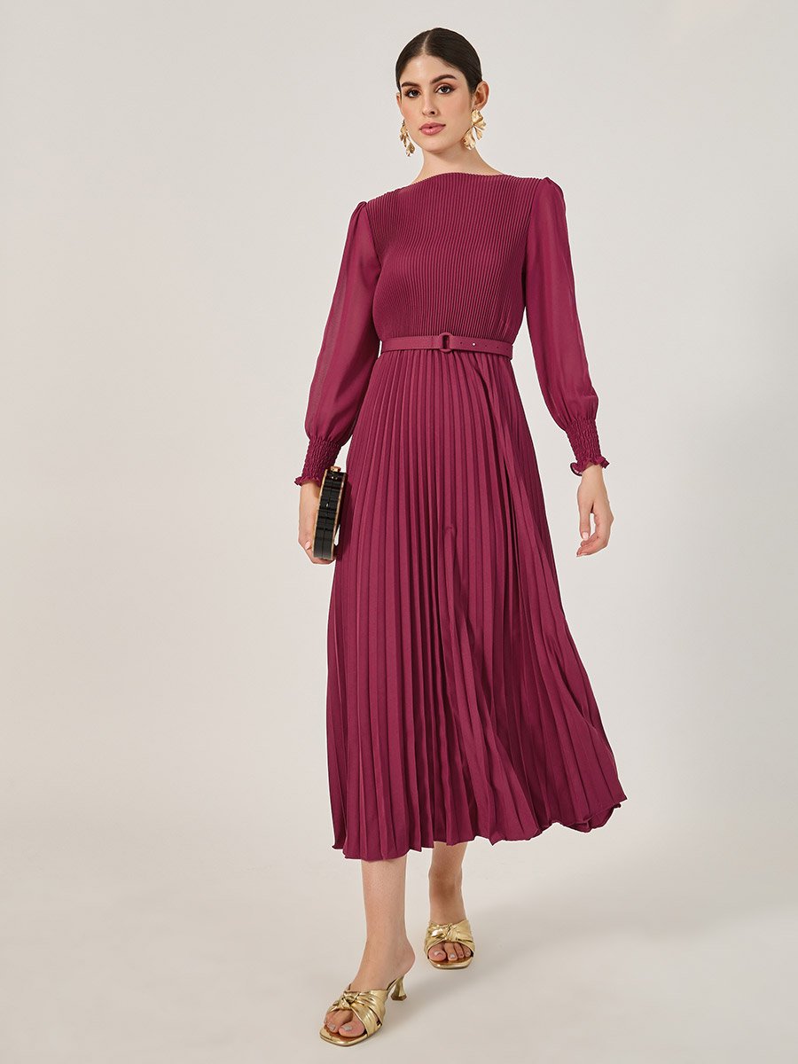 Accordion Pleated Cuffed Sleeves A-Line Midi Dress
