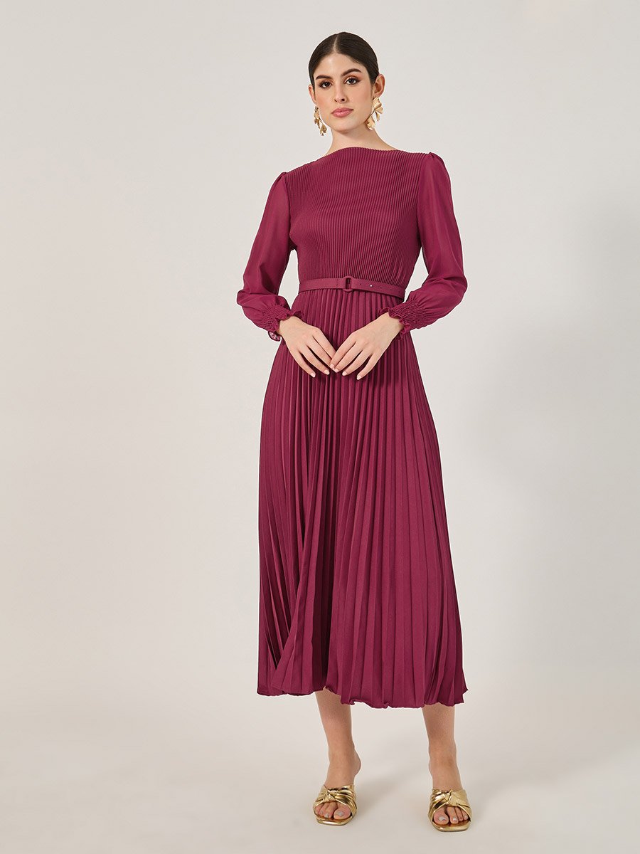 Accordion Pleated Cuffed Sleeves A-Line Midi Dress