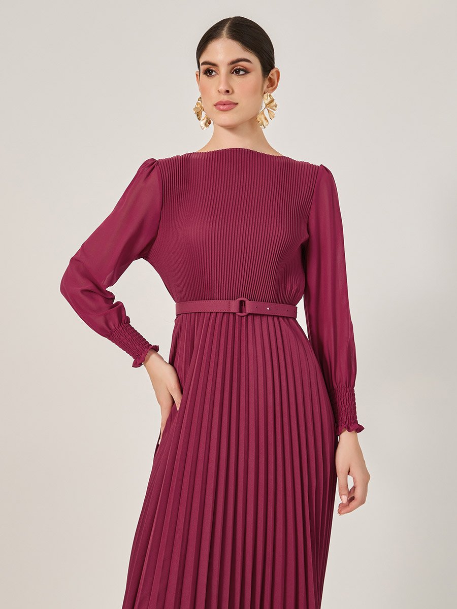 accordion pleated dress with sleeves Accordion Pleated Cuffed Sleeves A-Line Midi Dress For Women at UAE