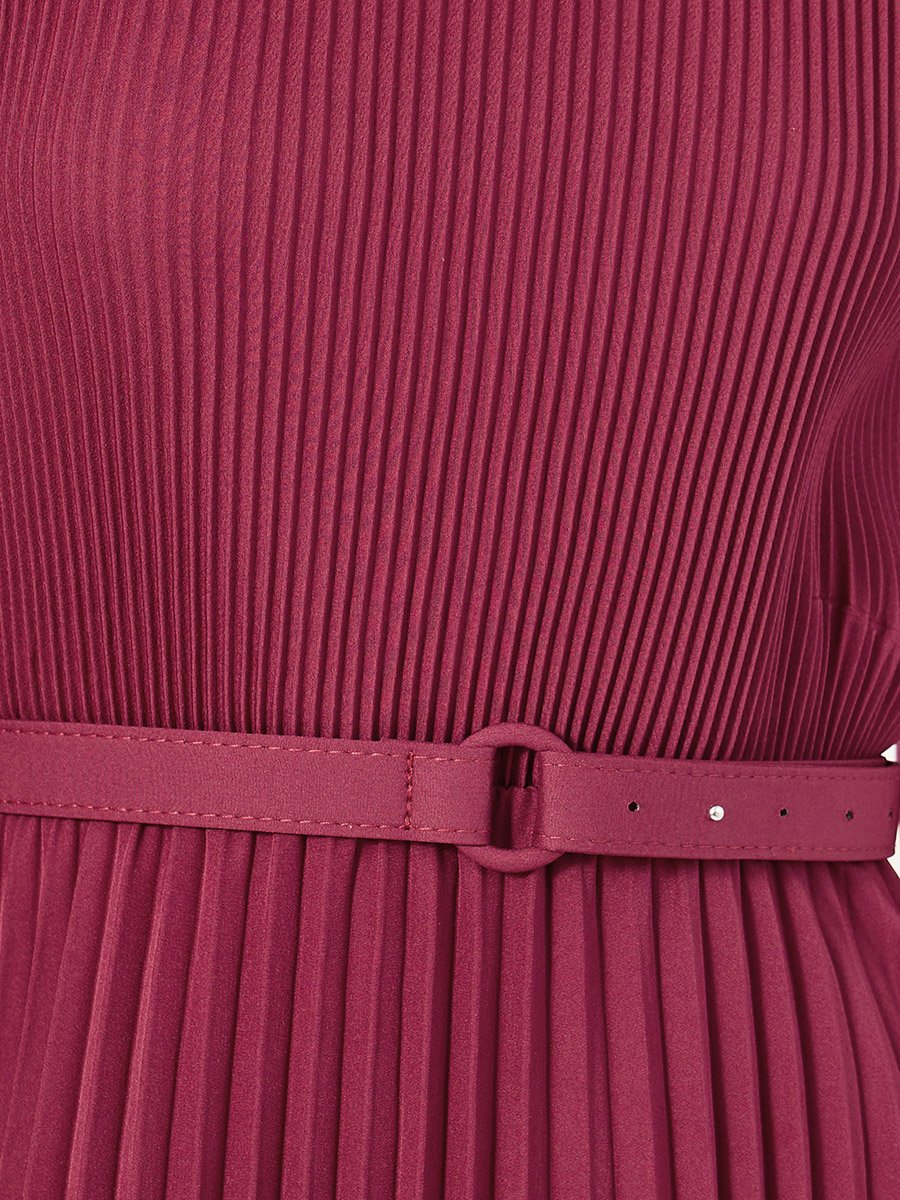 Accordion Pleated Cuffed Sleeves A-Line Midi Dress
