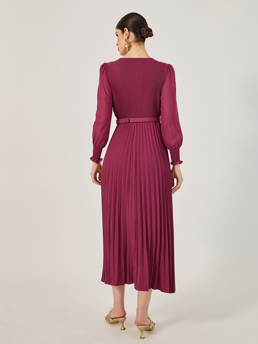 Accordion Pleated Cuffed Sleeves A-Line Midi Dress