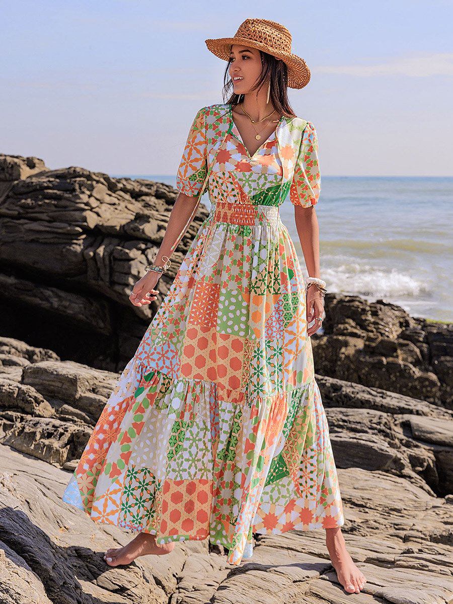 Printed Balloon Sleeve Tie-Up Neck Maxi Dress