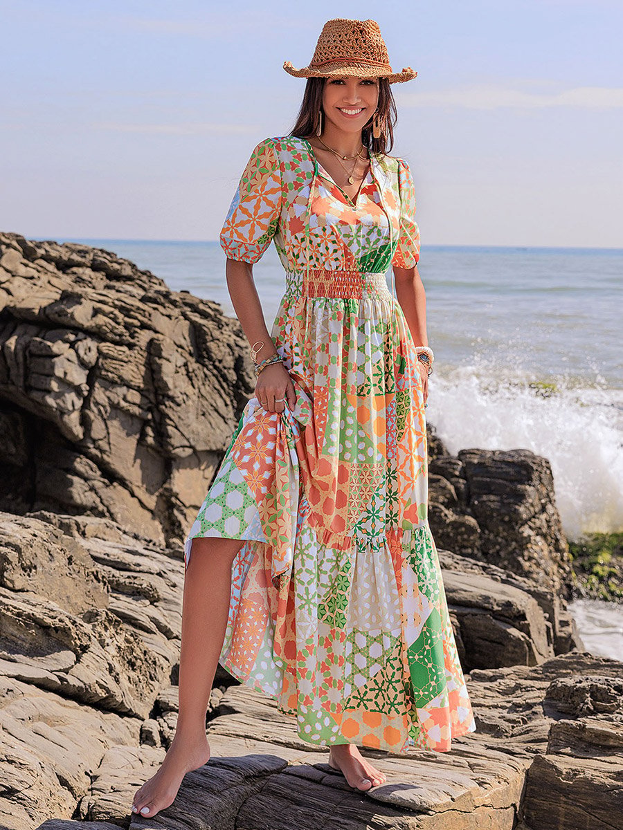 Printed Balloon Sleeve Tie-Up Neck Maxi Dress