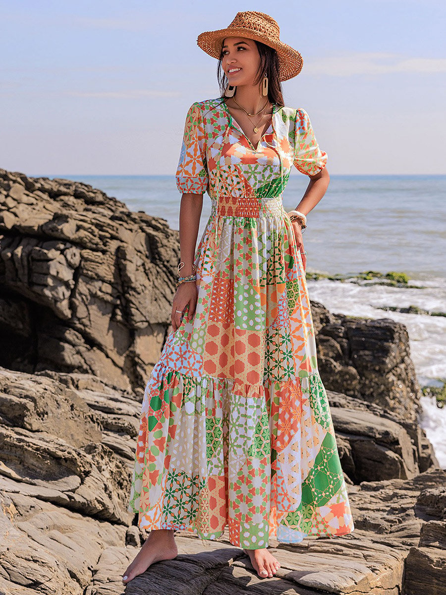 Printed Balloon Sleeve Tie-Up Neck Maxi Dress
