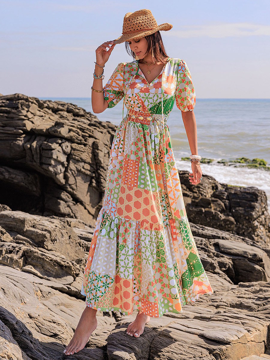 Printed Balloon Sleeve Tie-Up Neck Maxi Dress