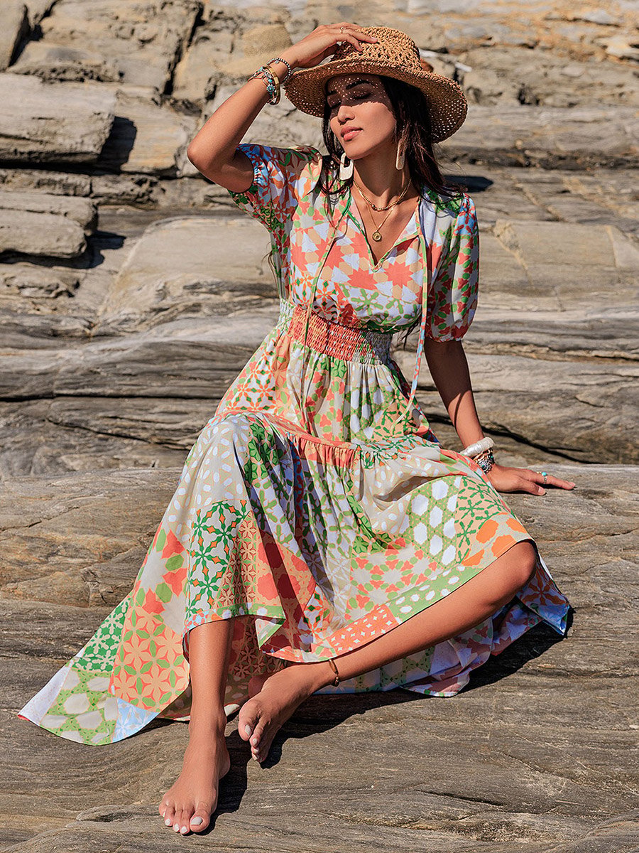 Printed Balloon Sleeve Tie-Up Neck Maxi Dress