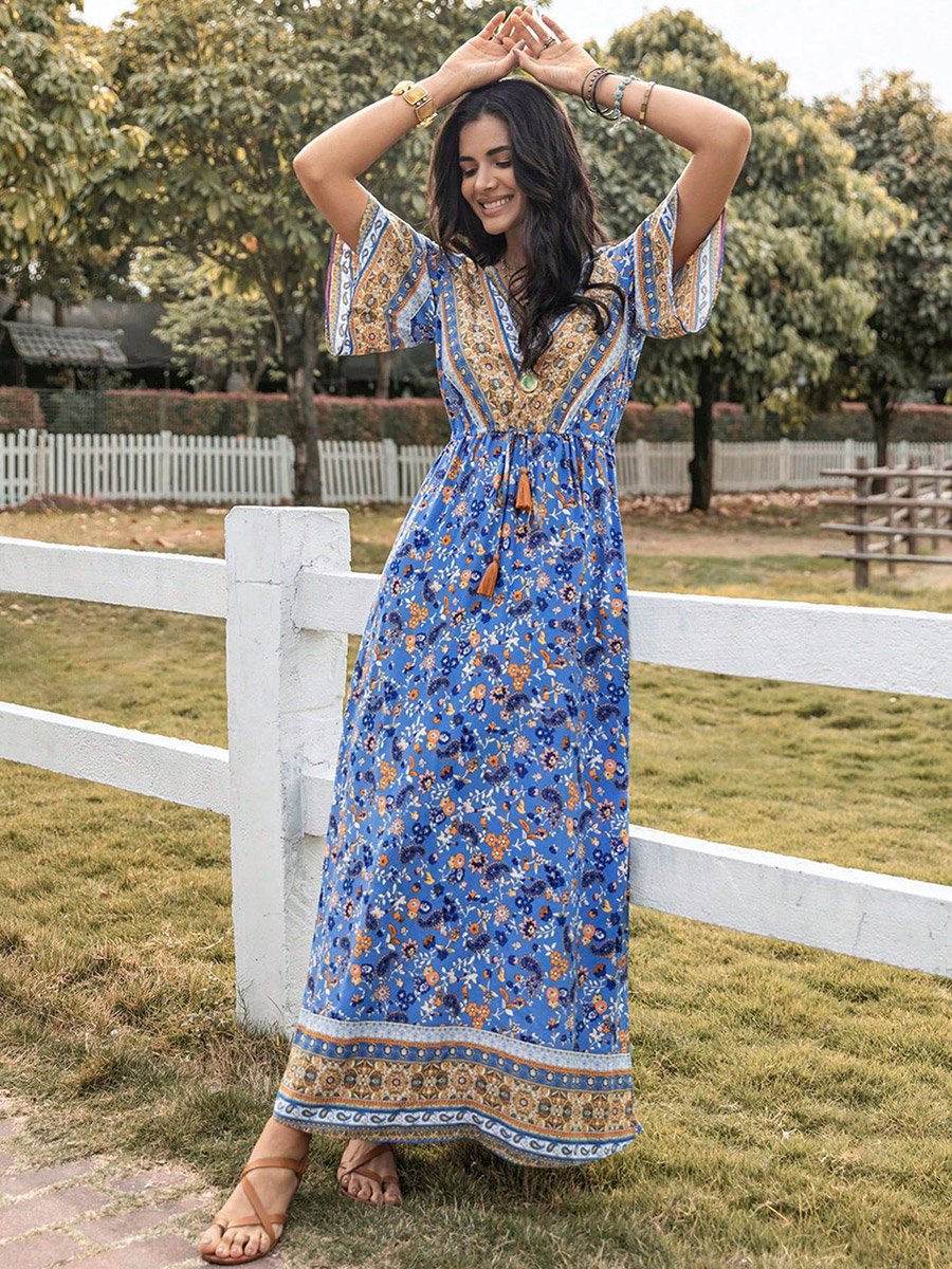 Allover Printed Drawstring Waist Maxi Dress For Women at Kuwait | Styli