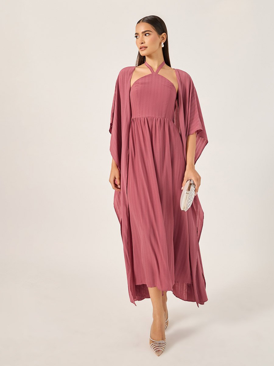 Striped Halter Neck Dress and Jalabiya Set