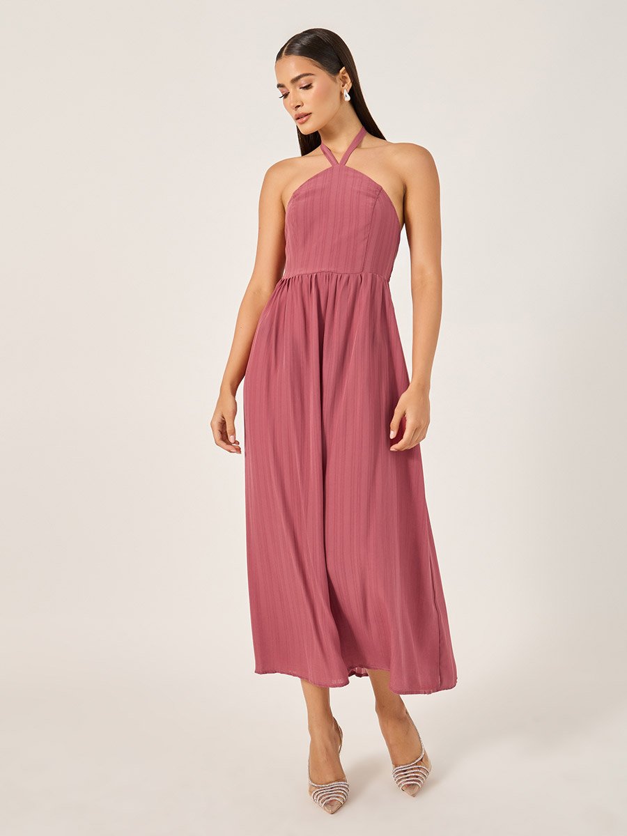 Striped Halter Neck Dress and Jalabiya Set