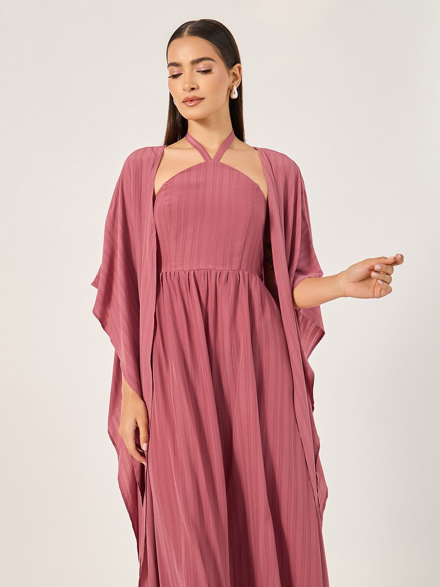 Striped Halter Neck Dress and Jalabiya Set