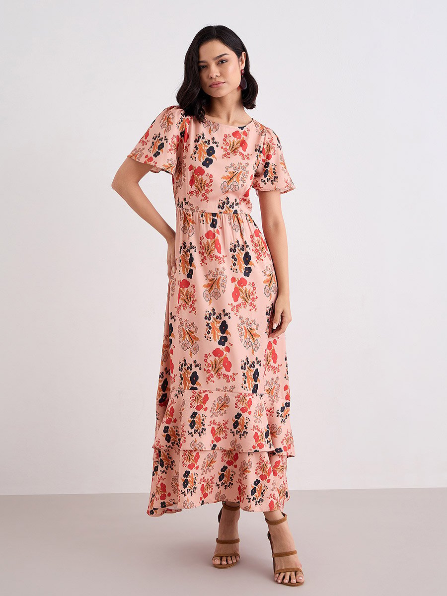 Peach Floral Print Layered Maxi Dress