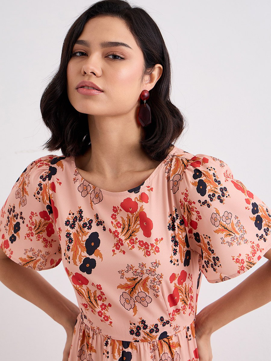 Peach Floral Print Layered Maxi Dress