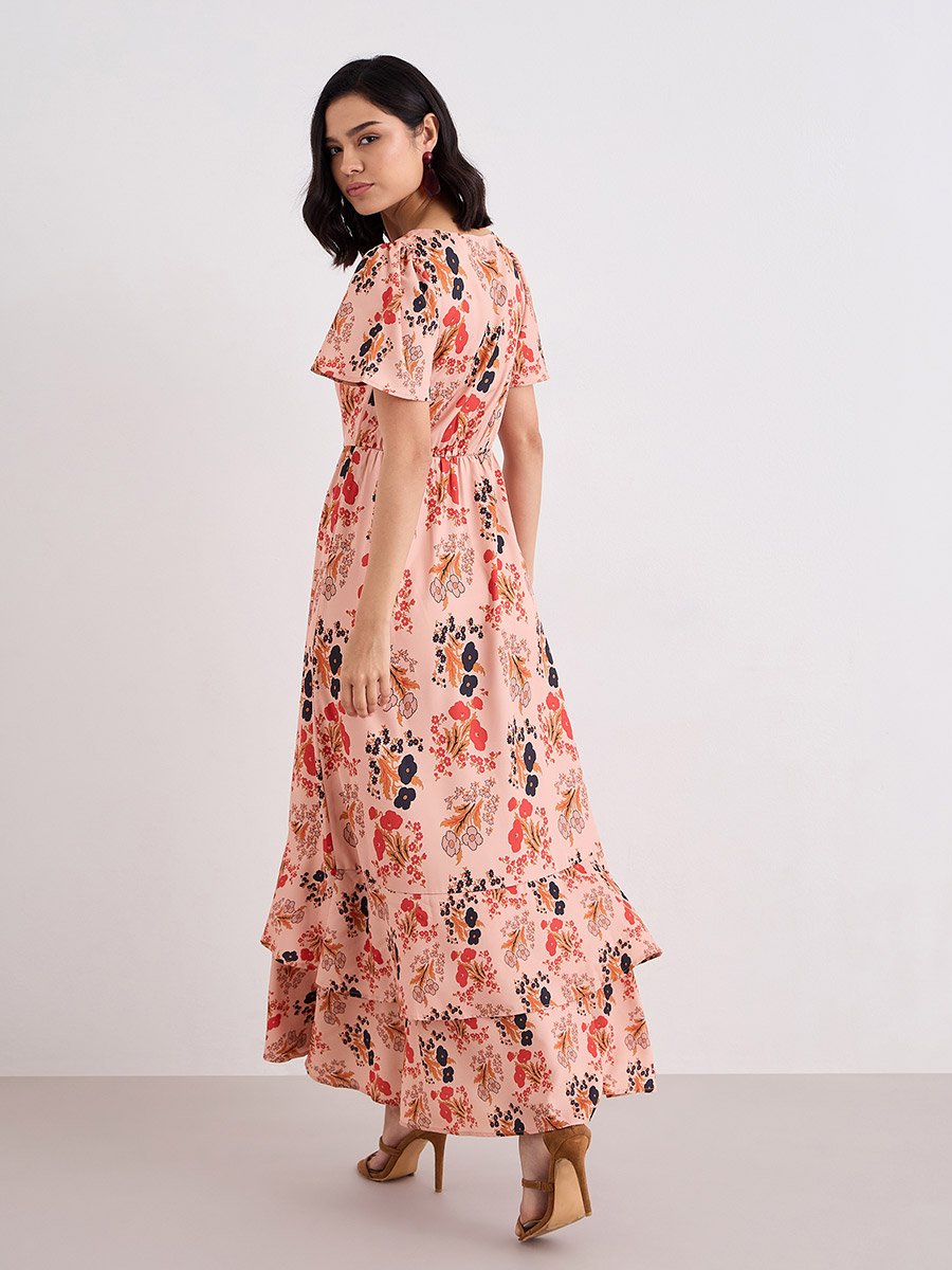 Peach Floral Print Layered Maxi Dress