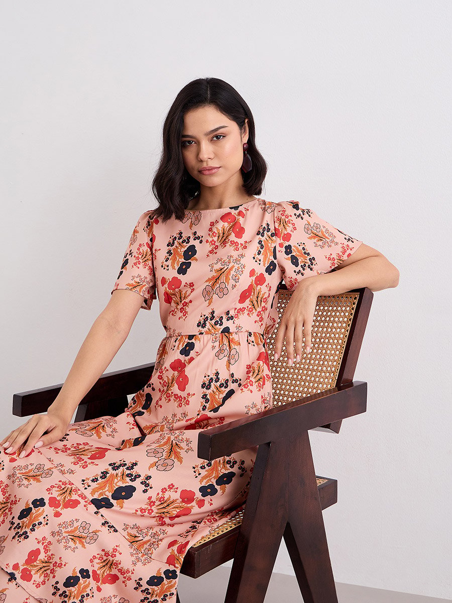 Peach Floral Print Layered Maxi Dress