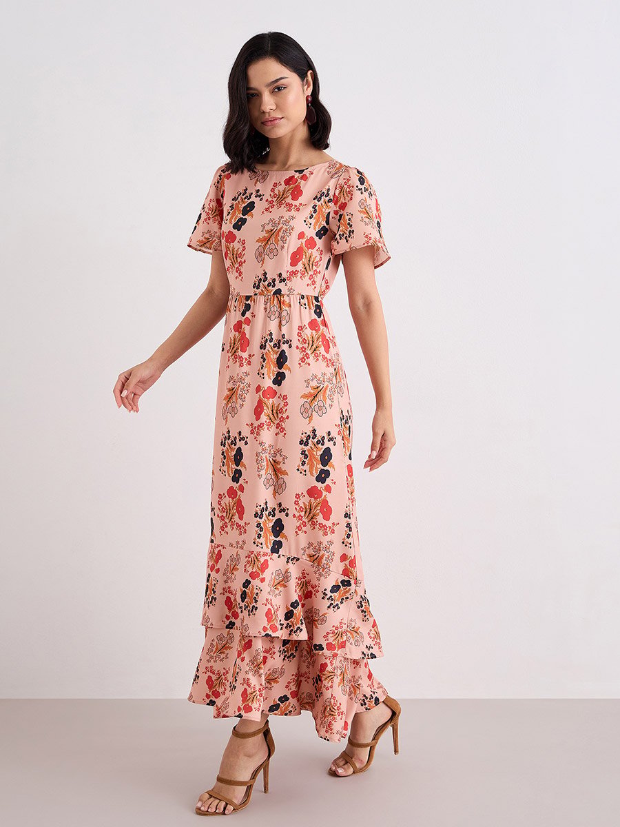 Peach Floral Print Layered Maxi Dress