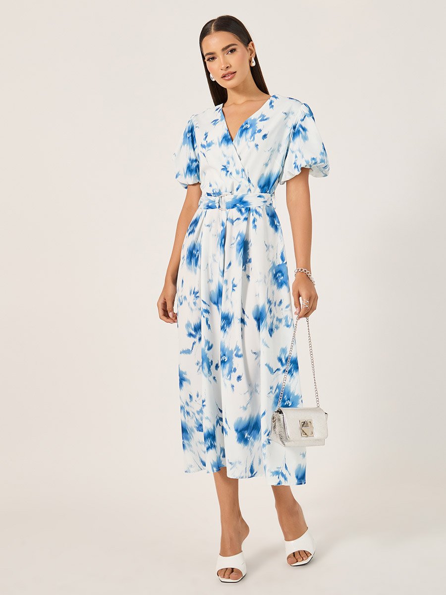Floral Print Balloon Sleeves A-Line Maxi Dress