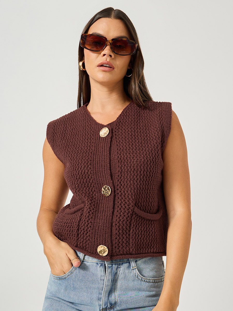 Open Knit Sleeveless Button Front Top