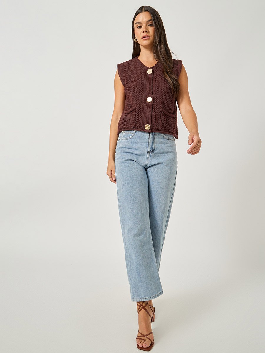 Open Knit Sleeveless Button Front Top