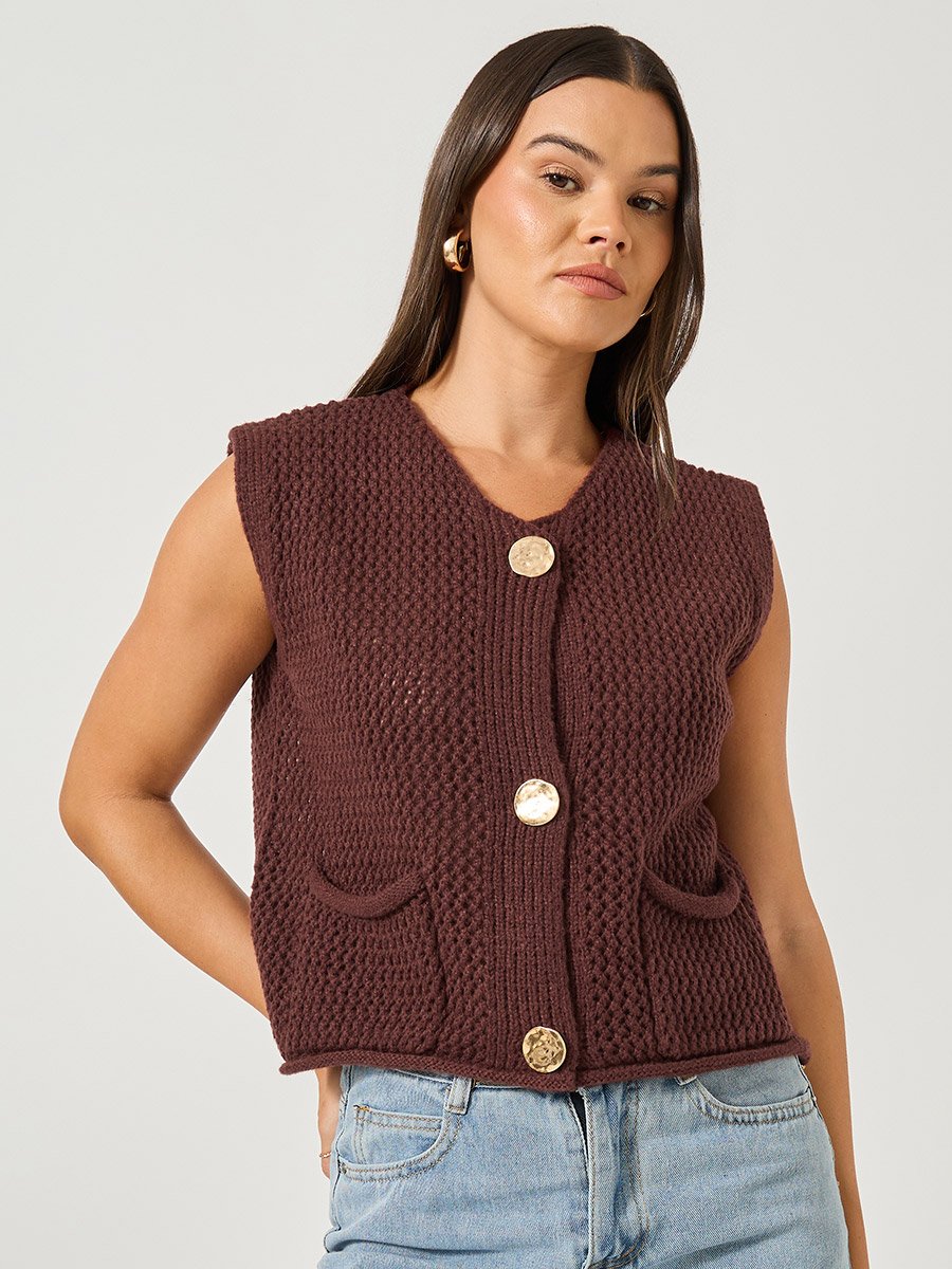 Open Knit Sleeveless Button Front Top