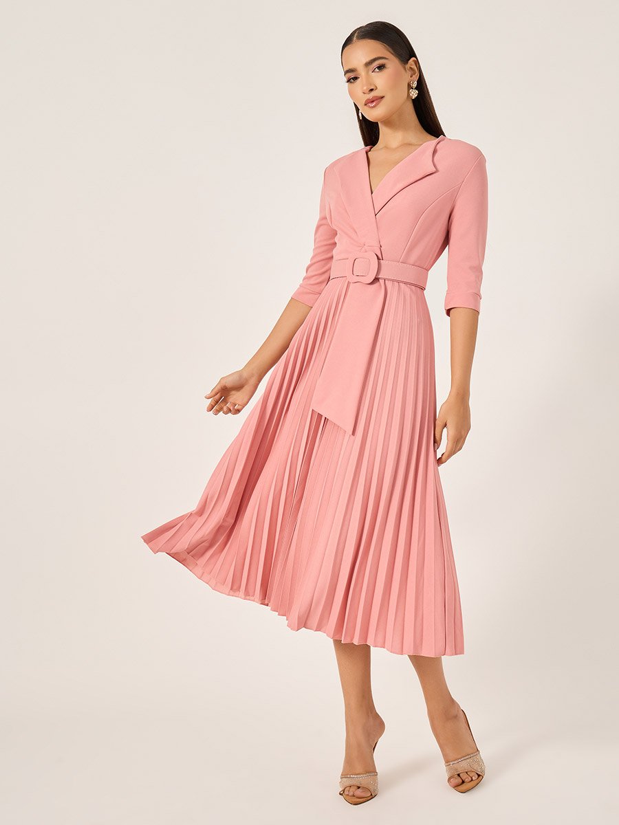 Pleated 3/4th Sleeves A-Line Midi Dress