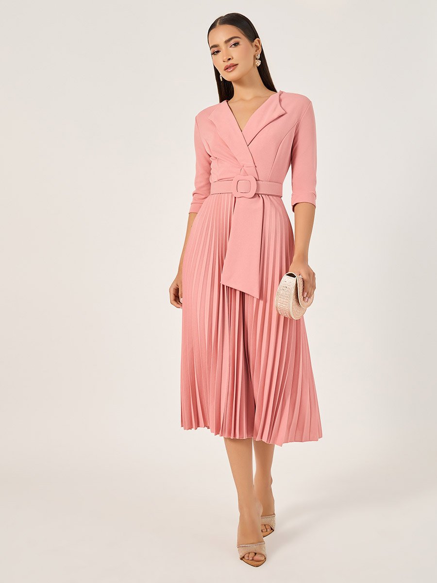 Pleated 3/4th Sleeves A-Line Midi Dress