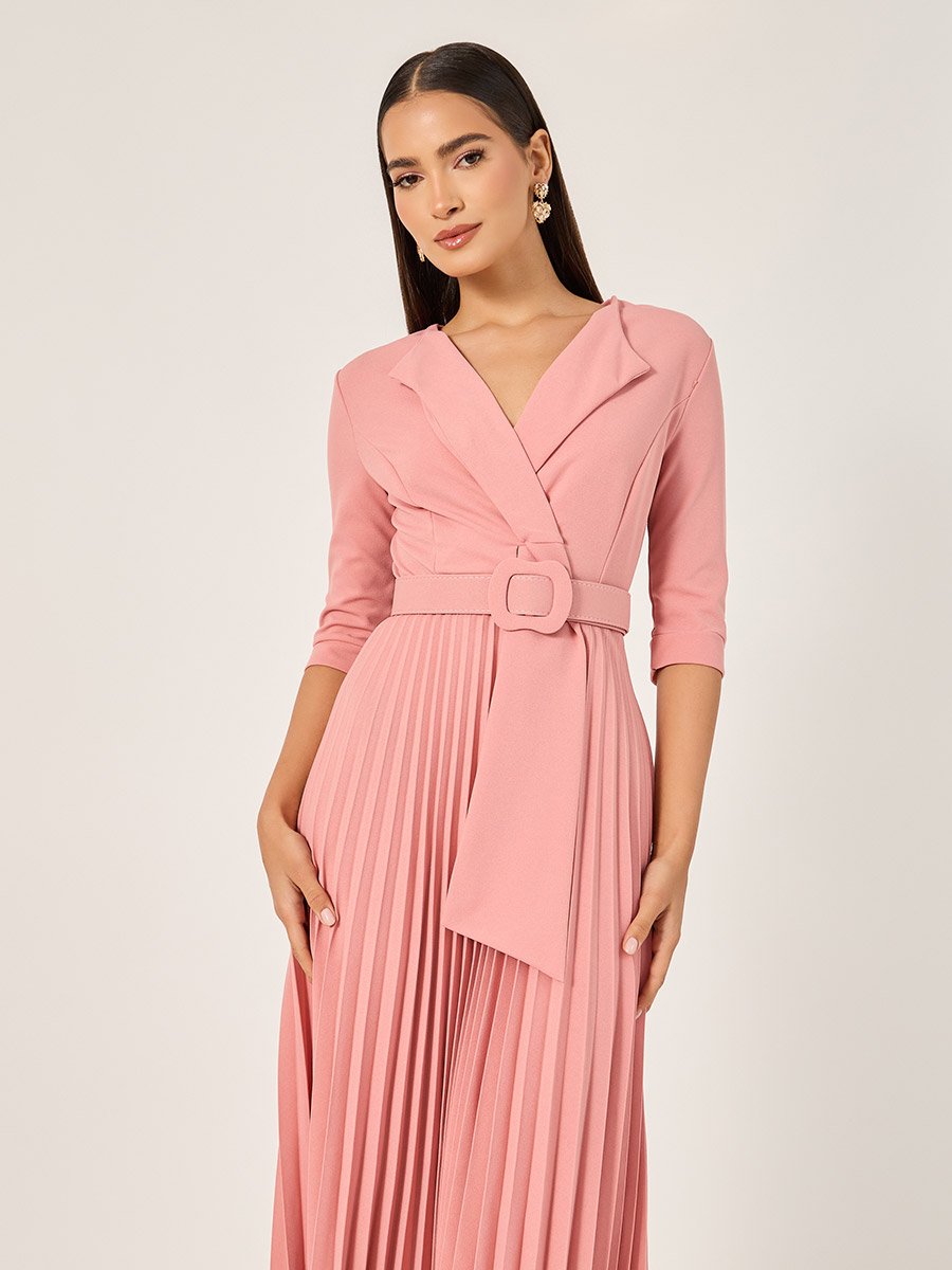 Pleated 3/4th Sleeves A-Line Midi Dress
