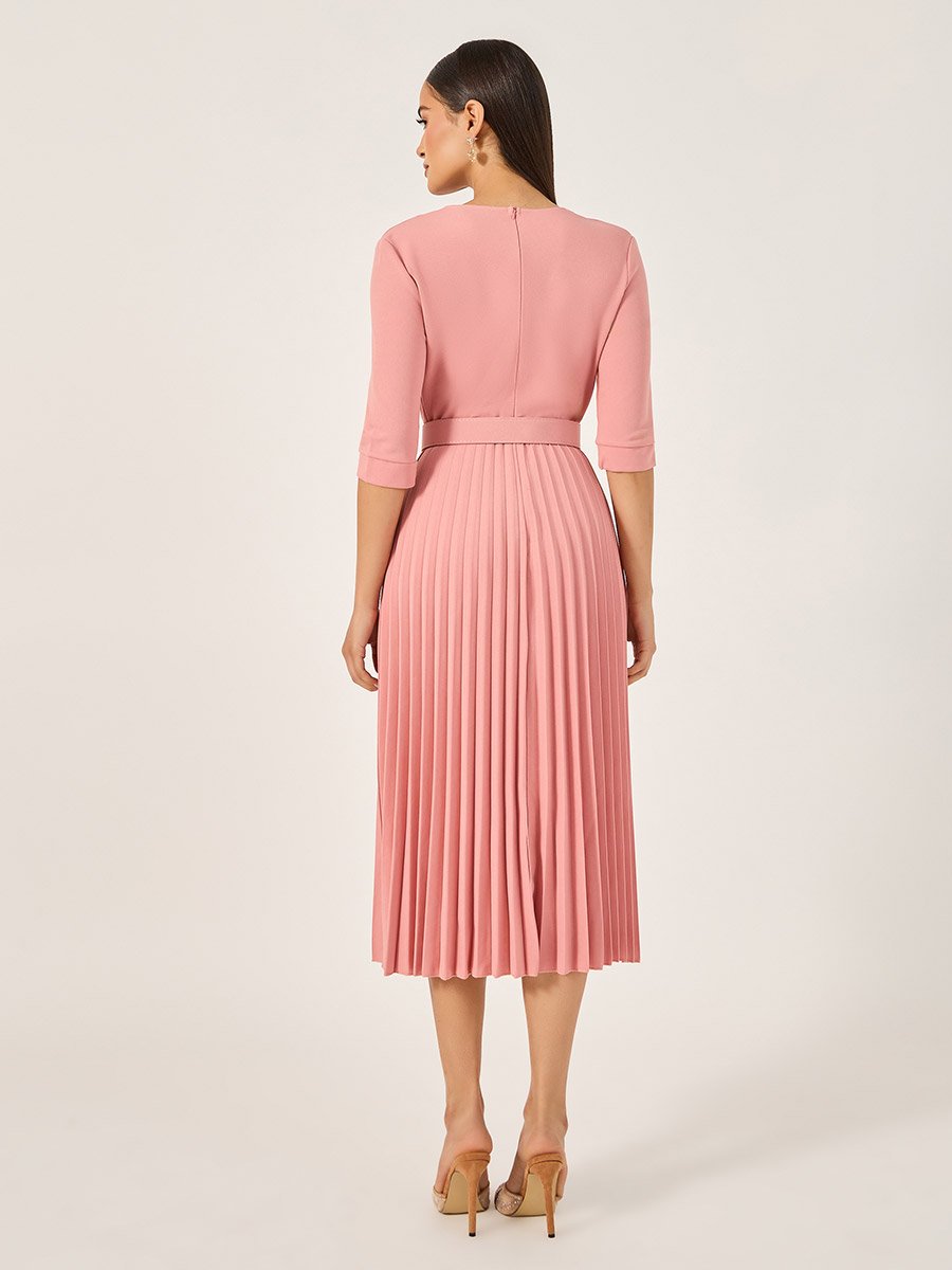 Pleated 3/4th Sleeves A-Line Midi Dress