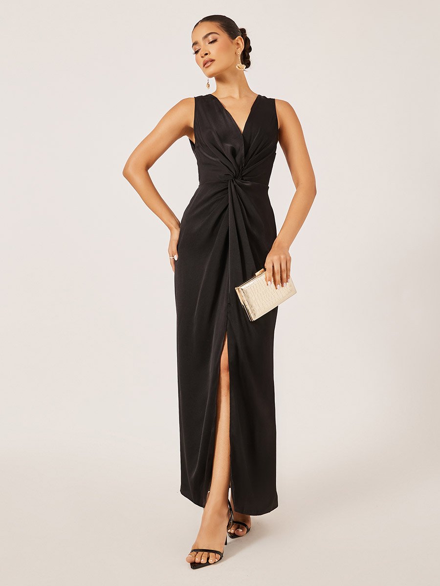 Satin Front Knot Sleeveless Sheath Maxi Dress