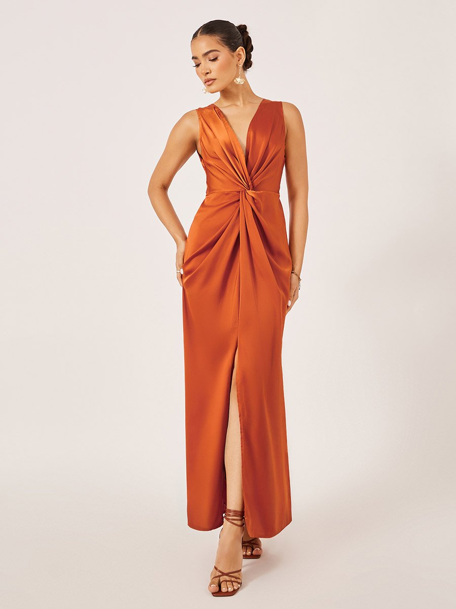 Satin Front Knot Sleeveless Sheath Maxi Dress
