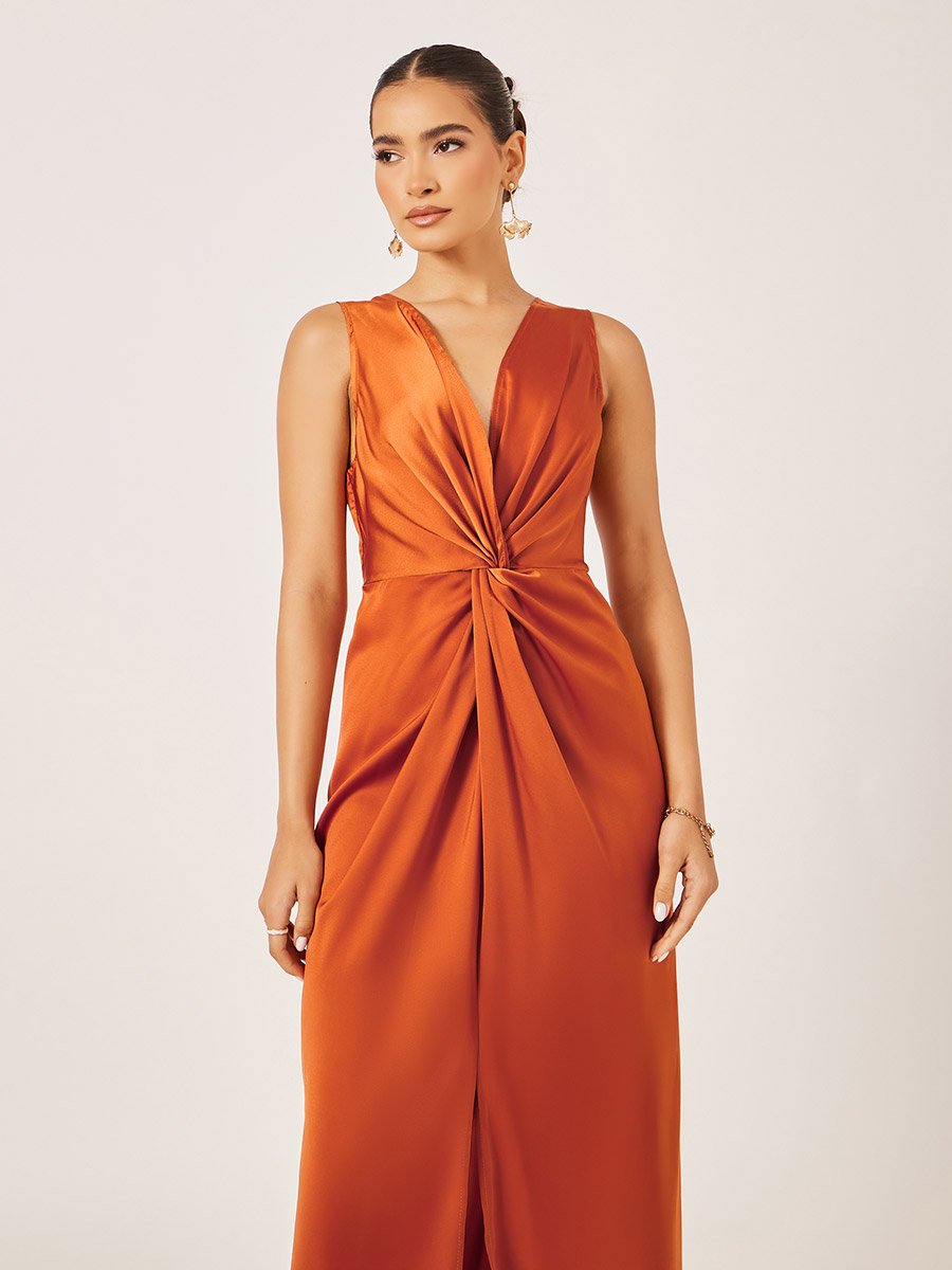Satin Front Knot Sleeveless Sheath Maxi Dress