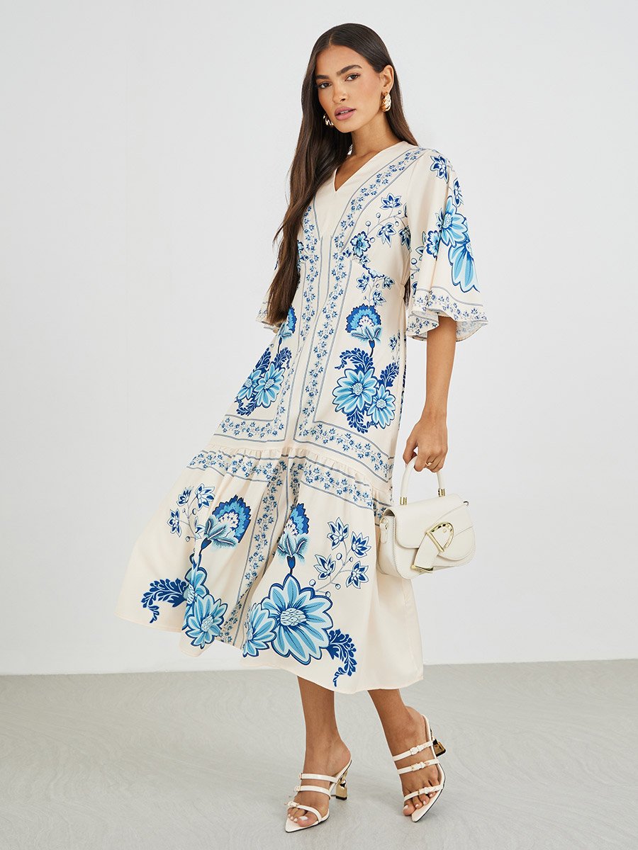 All-Over Print 3/4 Sleeves A-Line Midi Dress