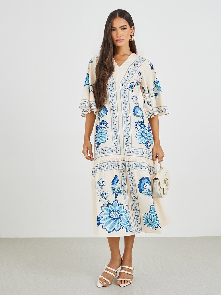 All-Over Print 3/4 Sleeves A-Line Midi Dress