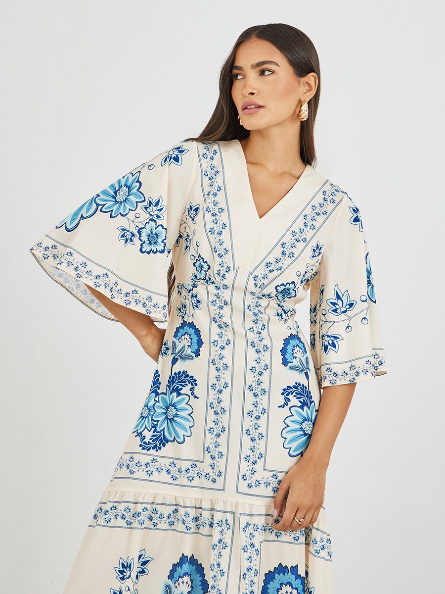 All-Over Print 3/4 Sleeves A-Line Midi Dress