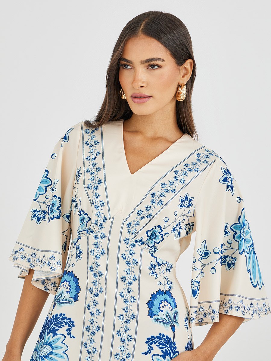 All-Over Print 3/4 Sleeves A-Line Midi Dress