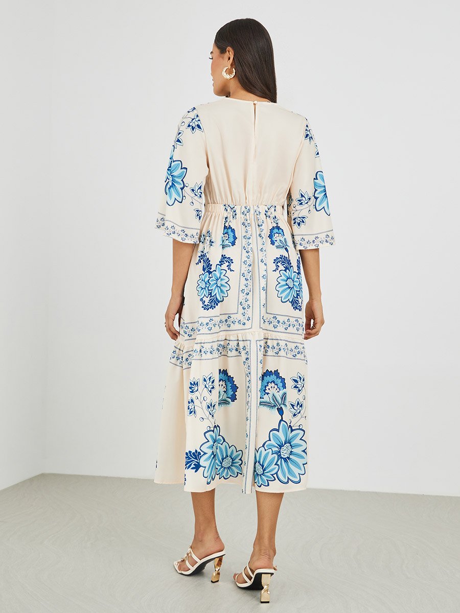 All-Over Print 3/4 Sleeves A-Line Midi Dress