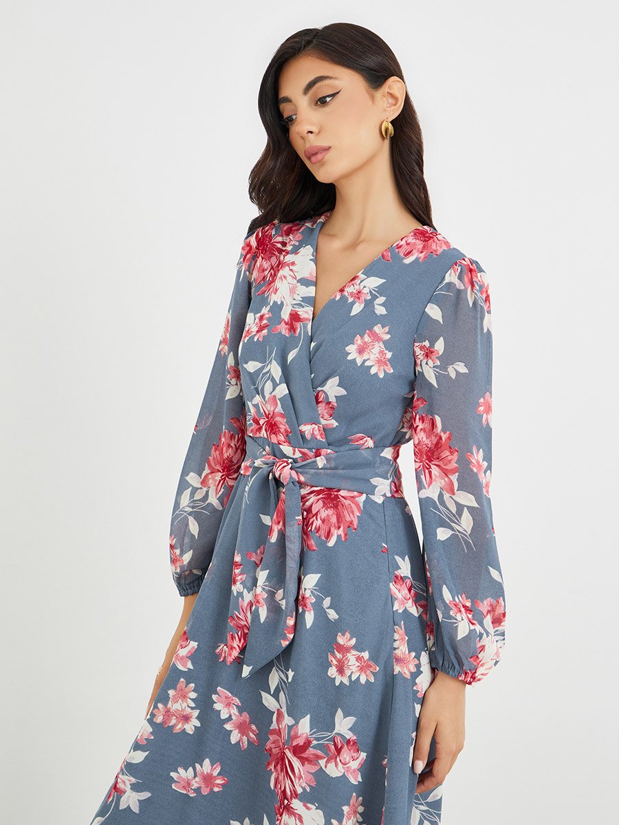 Floral Print V Neck Chiffon A-Line Maxi Dress