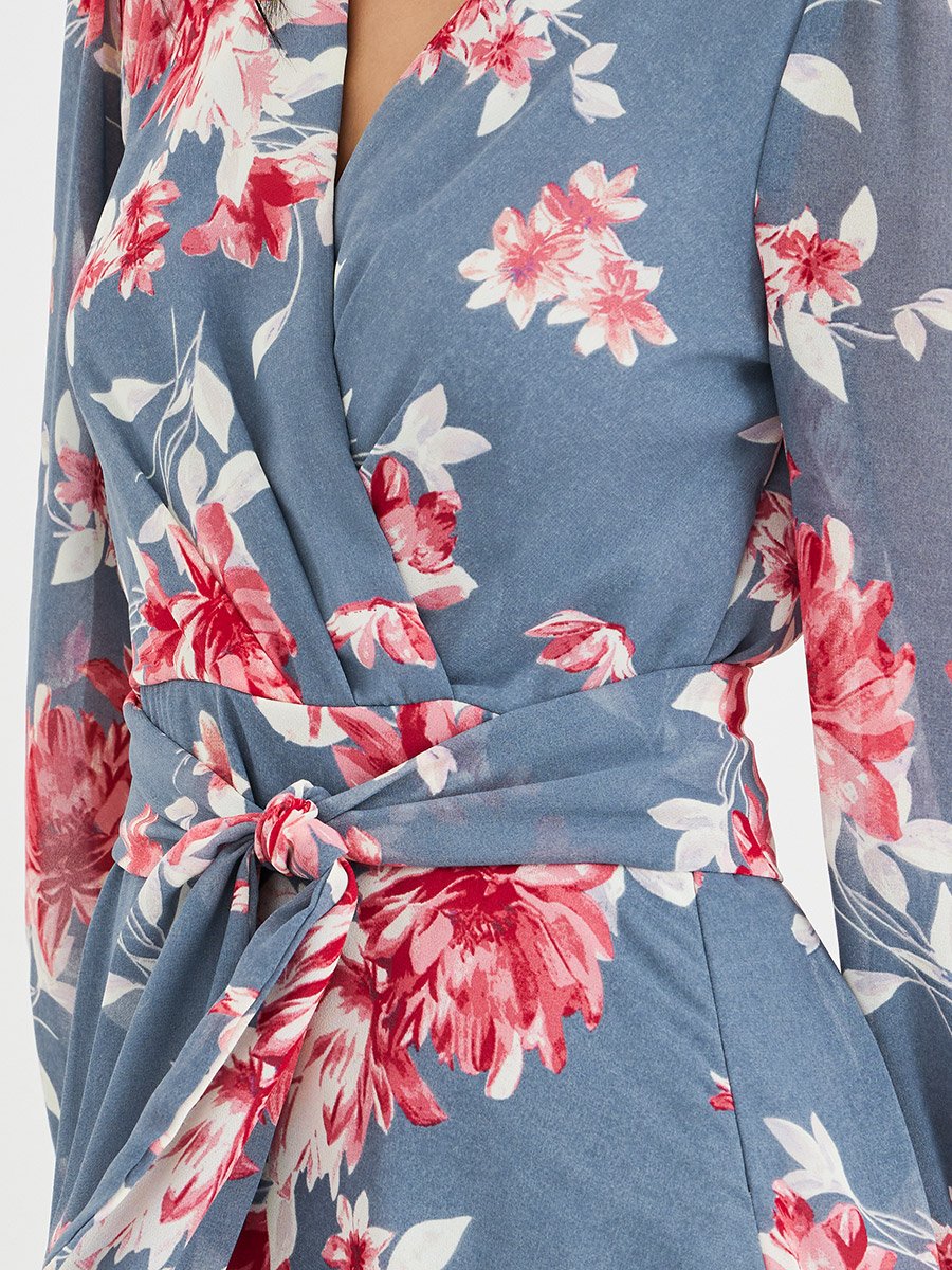 Floral Print V Neck Chiffon A-Line Maxi Dress