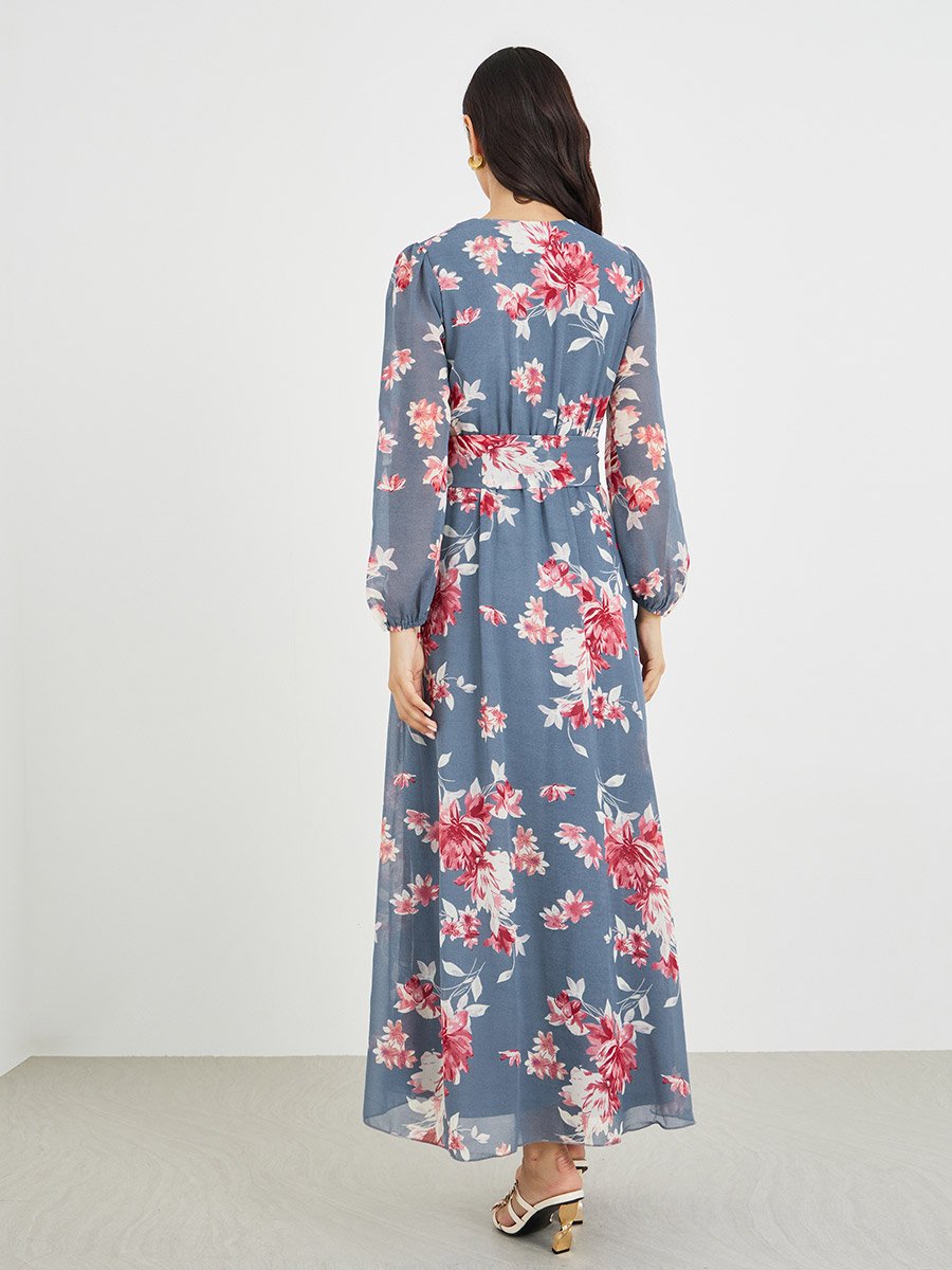 Floral Print V Neck Chiffon A-Line Maxi Dress