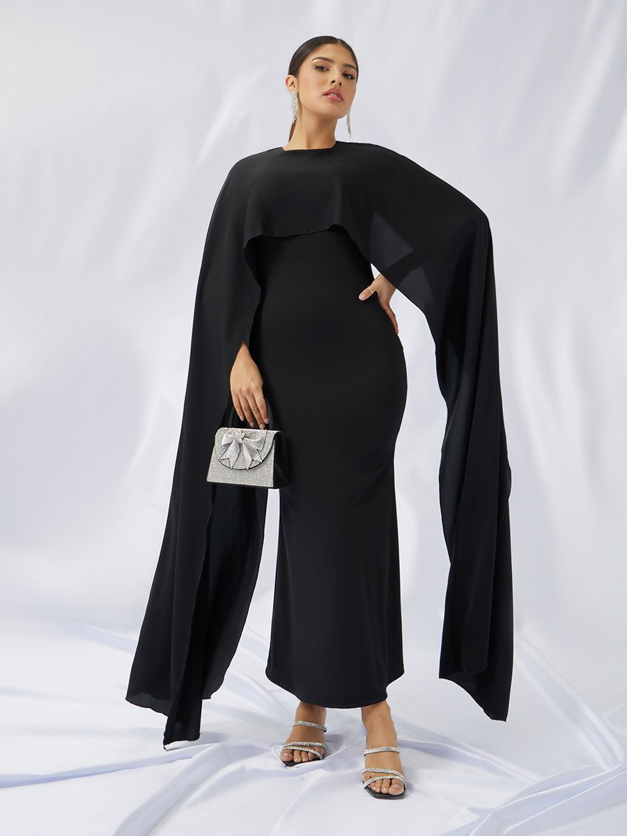 Solid Cape Sleeve Cape Maxi Dress