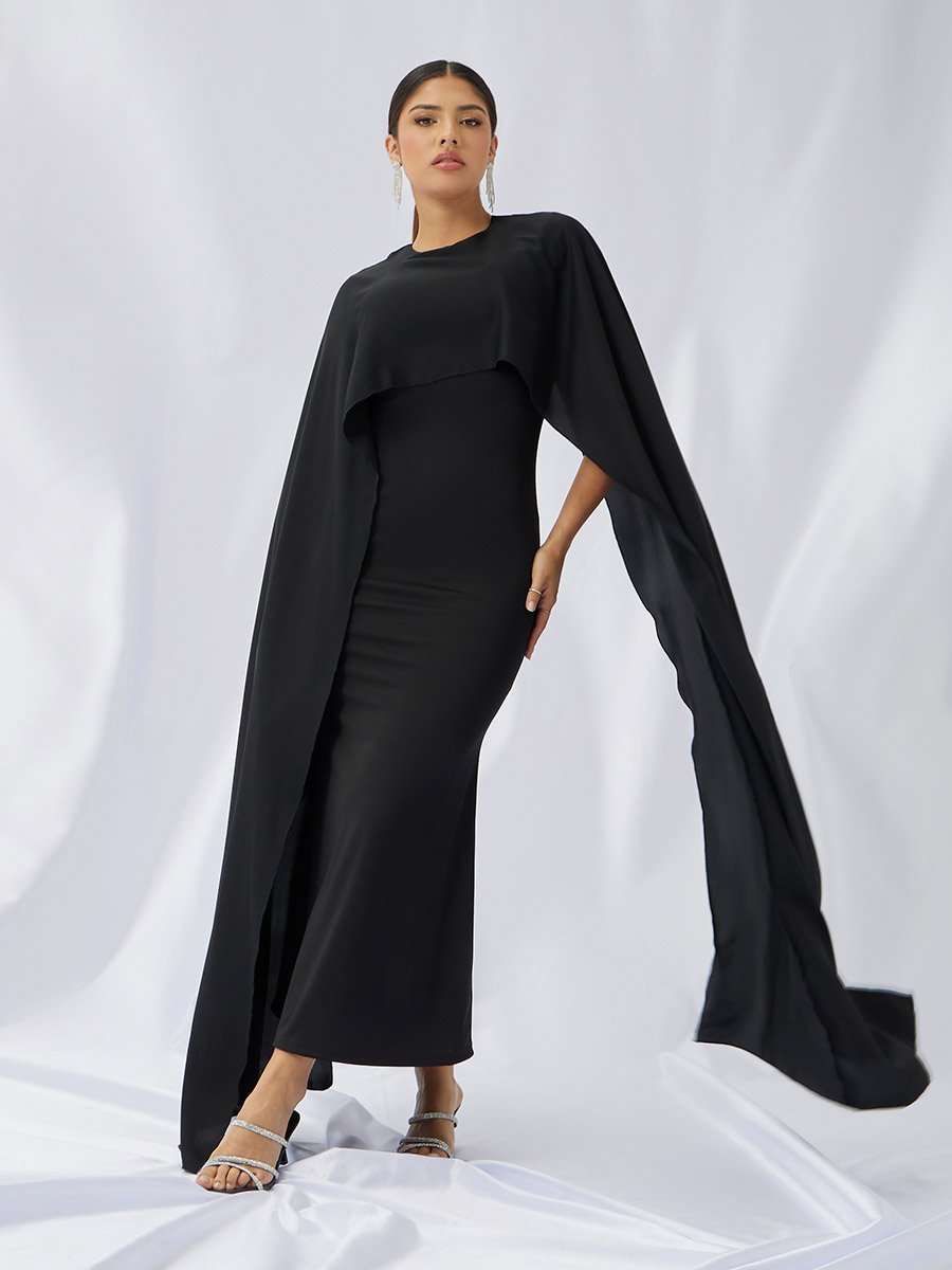 Solid Cape Sleeve Cape Maxi Dress