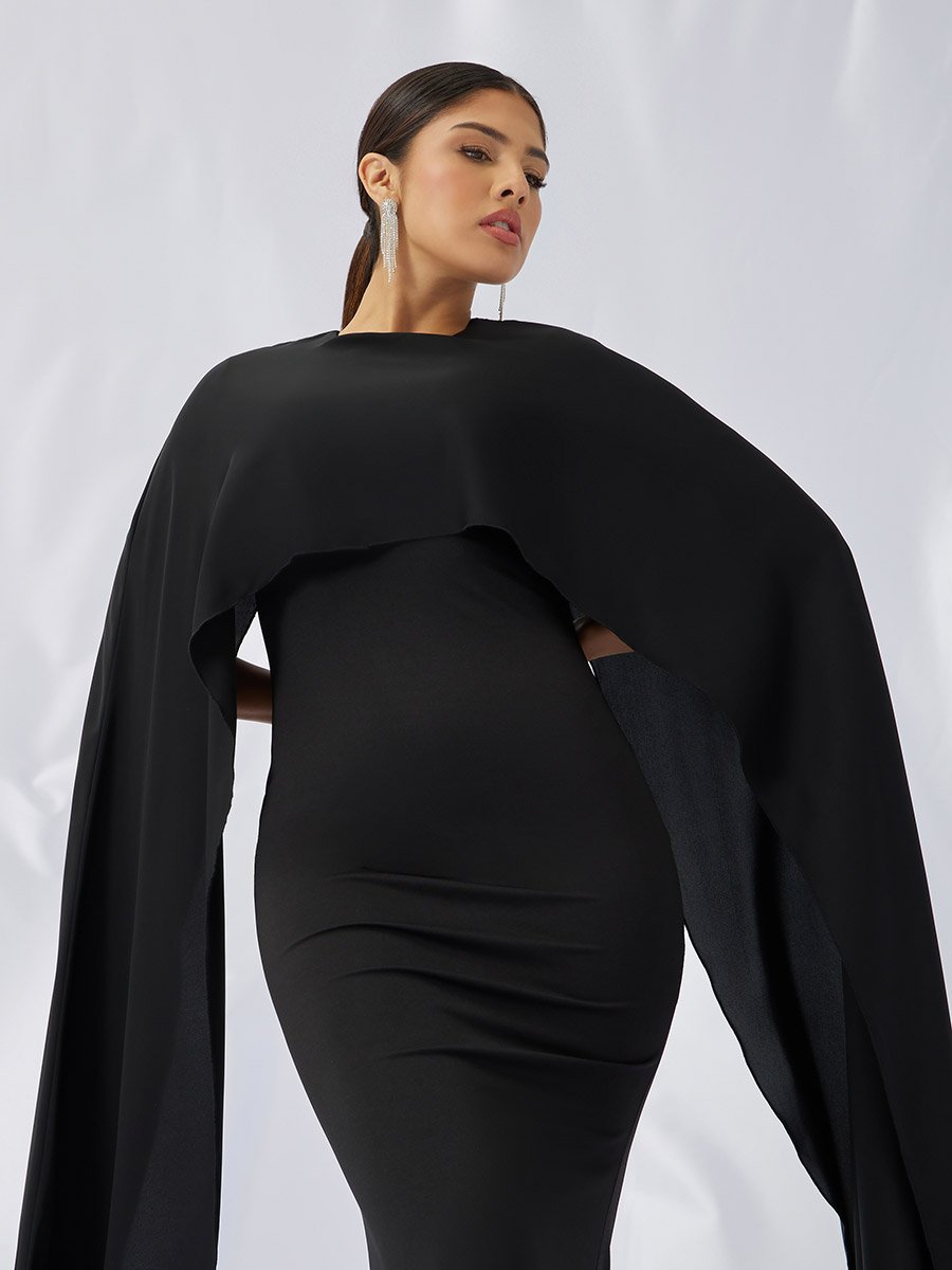 Solid Cape Sleeve Cape Maxi Dress