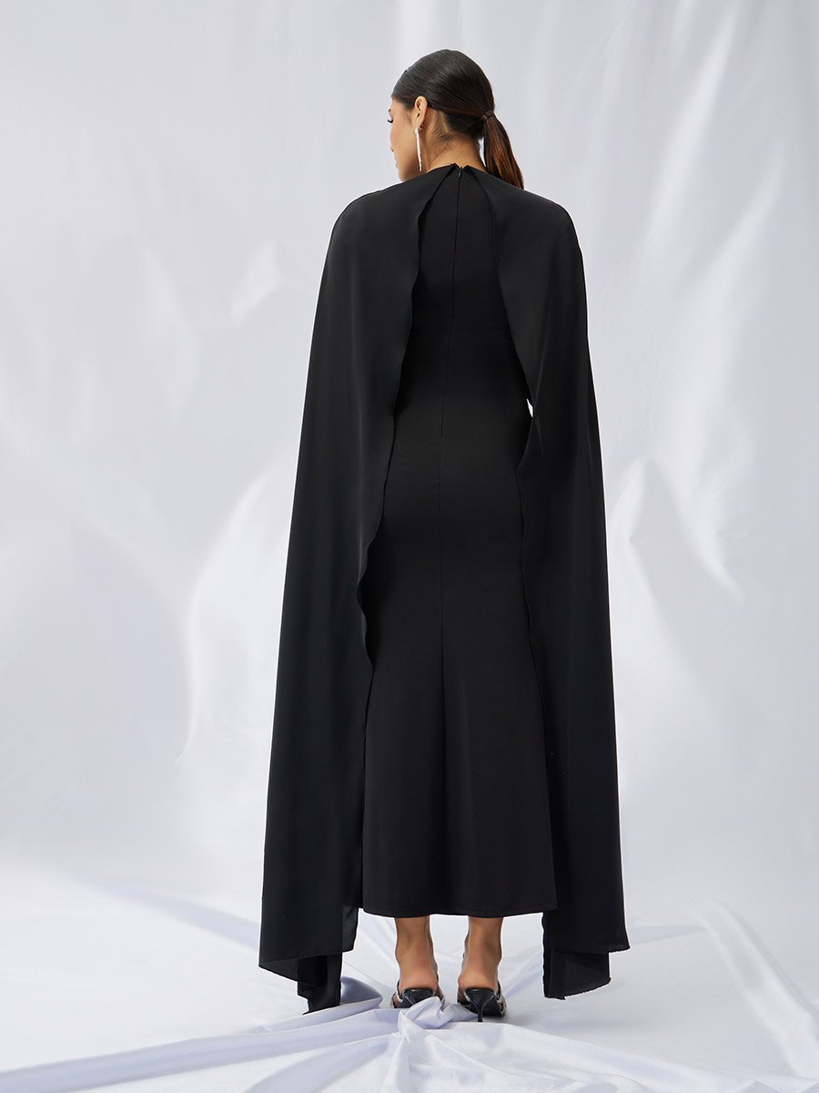Solid Cape Sleeve Cape Maxi Dress