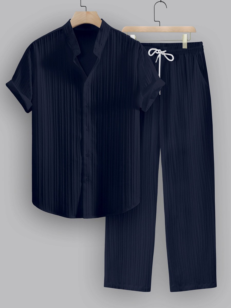 Striped Stand Collar Short Sleeve Shirt and Trousers Co-Ords