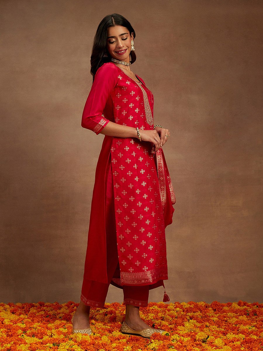 Printed Straight Kurta and Solid Trouser with Dupatta Set
