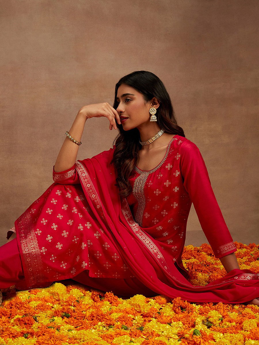 Printed Straight Kurta and Solid Trouser with Dupatta Set