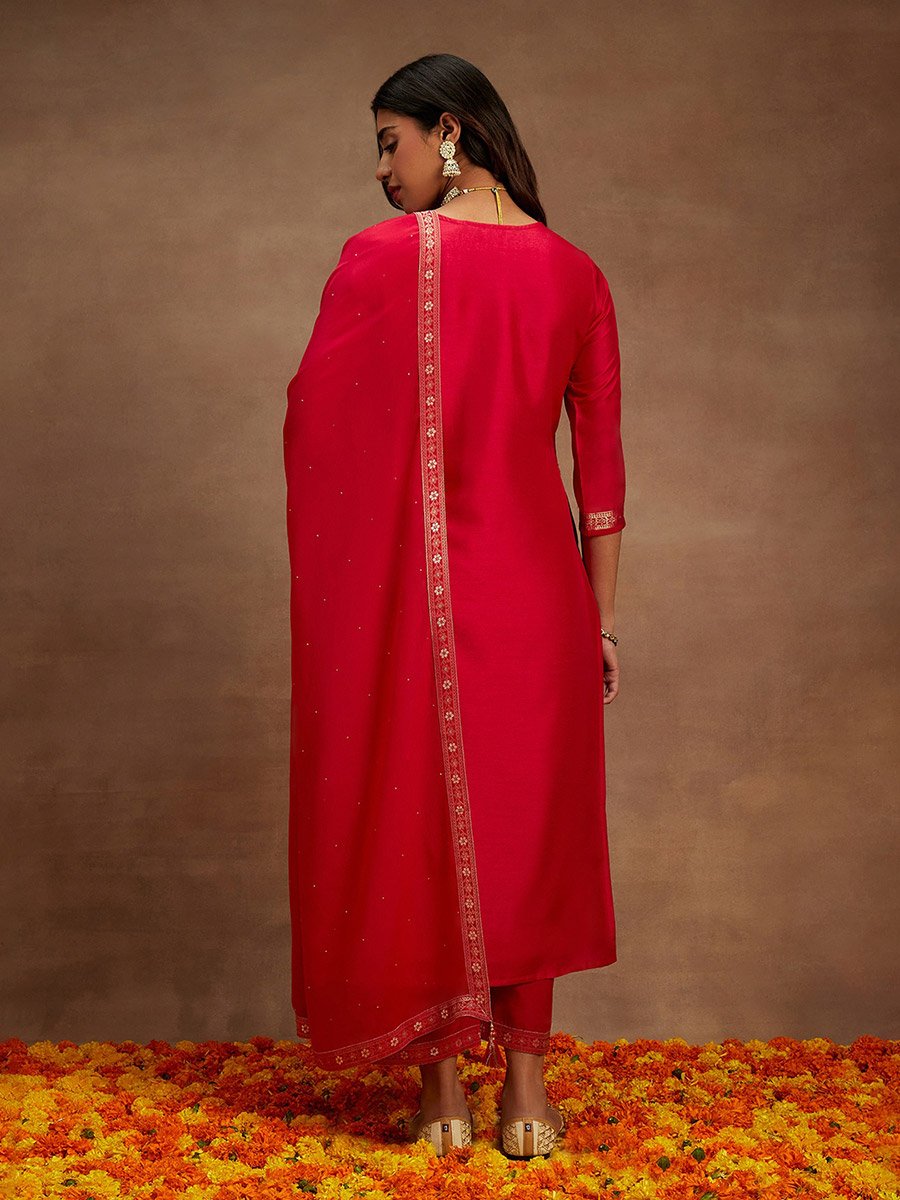 Printed Straight Kurta and Solid Trouser with Dupatta Set