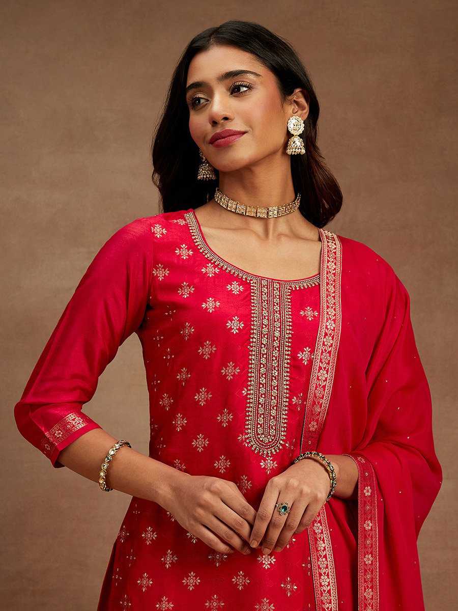 Printed Straight Kurta and Solid Trouser with Dupatta Set